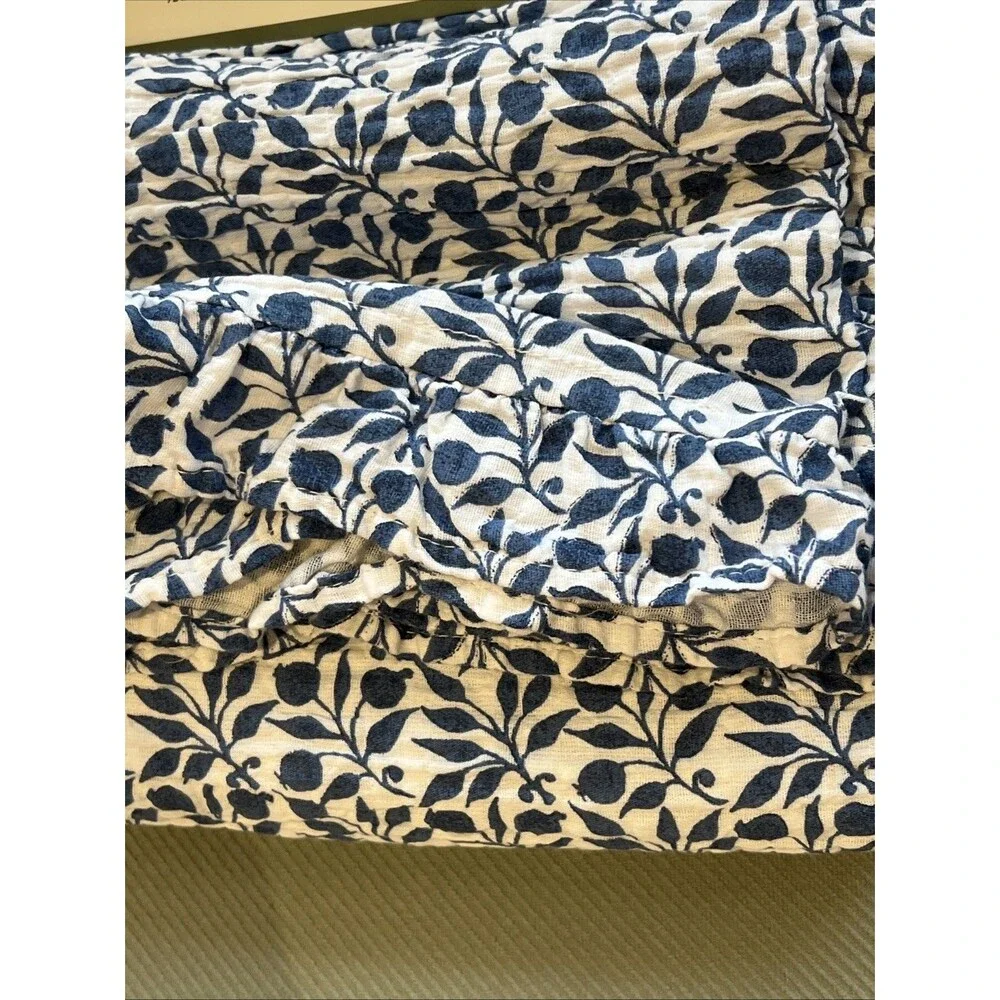 Morris & Co. Rosehip Shower Curtain Dark Blue White Cotton Gauze Ruffled Trim